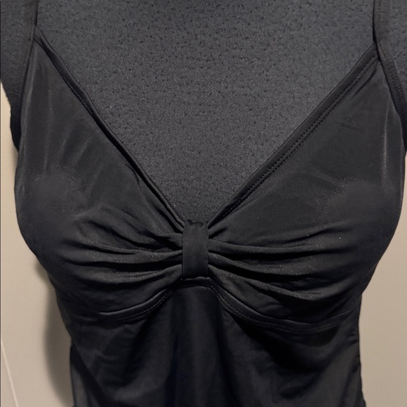 B14 Black tab gathered center bodice drawstring sides tankini long swimsuit top. - Picture 2 of 4